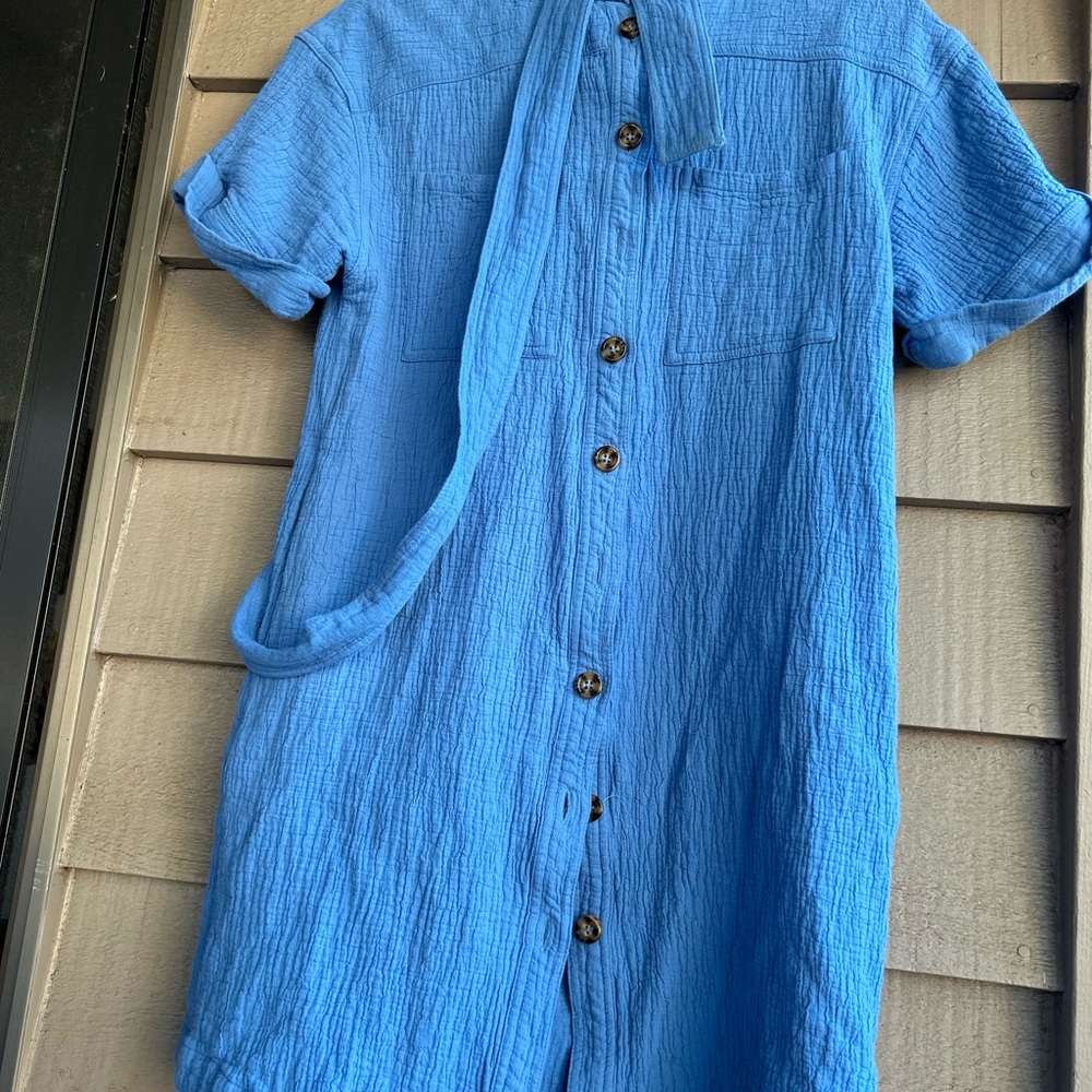 Frnch Paris shirt dress, button front crinkle texture blue shirt sleeve Sz M